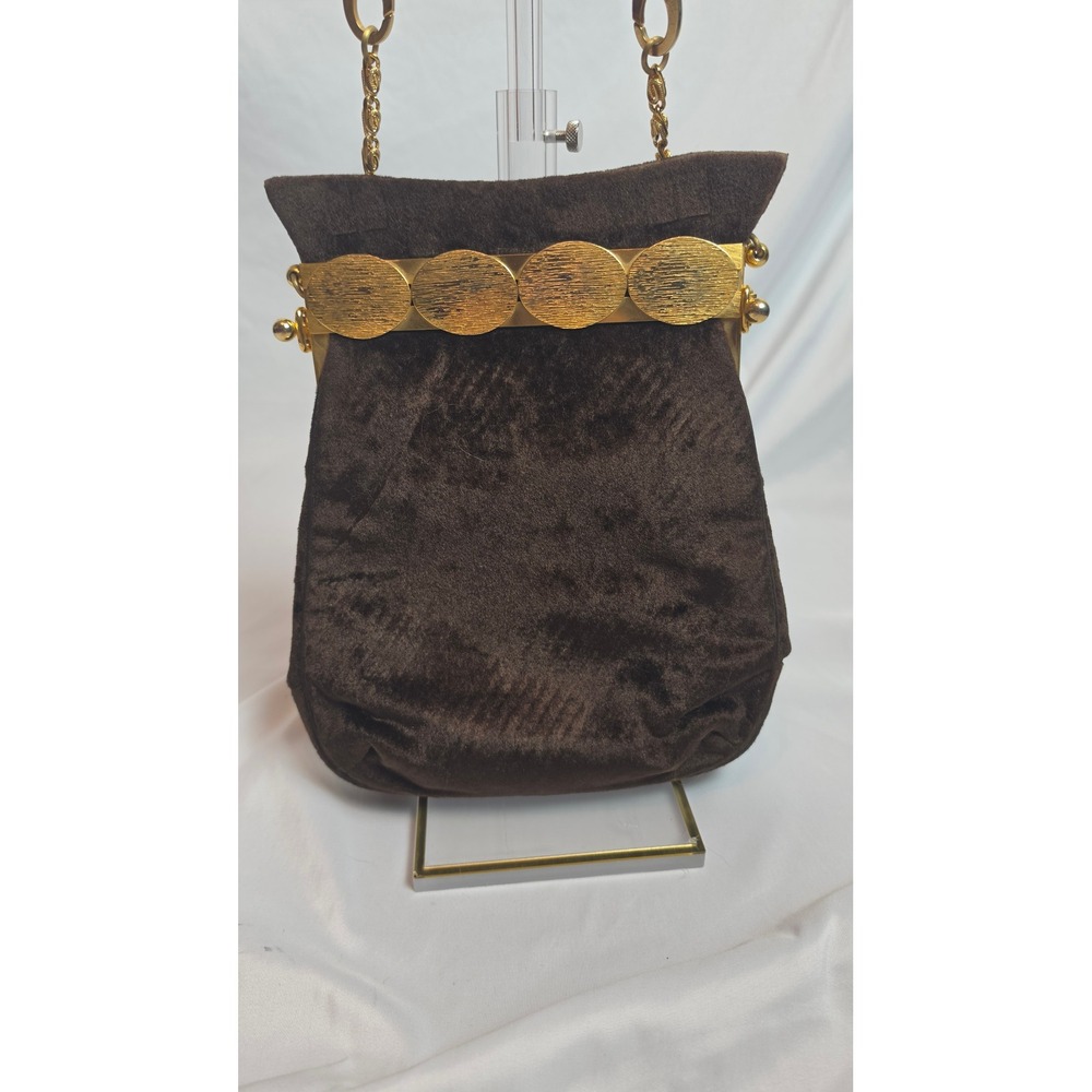 Vintage Harry Rosenfeld Brown Velvet Evening Bag Gold Hardware Made in France